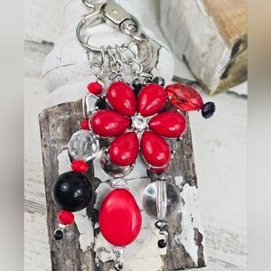 Handmade Vintage Red Floral Beaded Purse Charm / Keychain